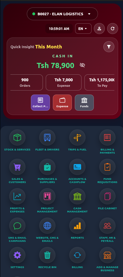 Elan Ledgers app — transport & logistics dashboard